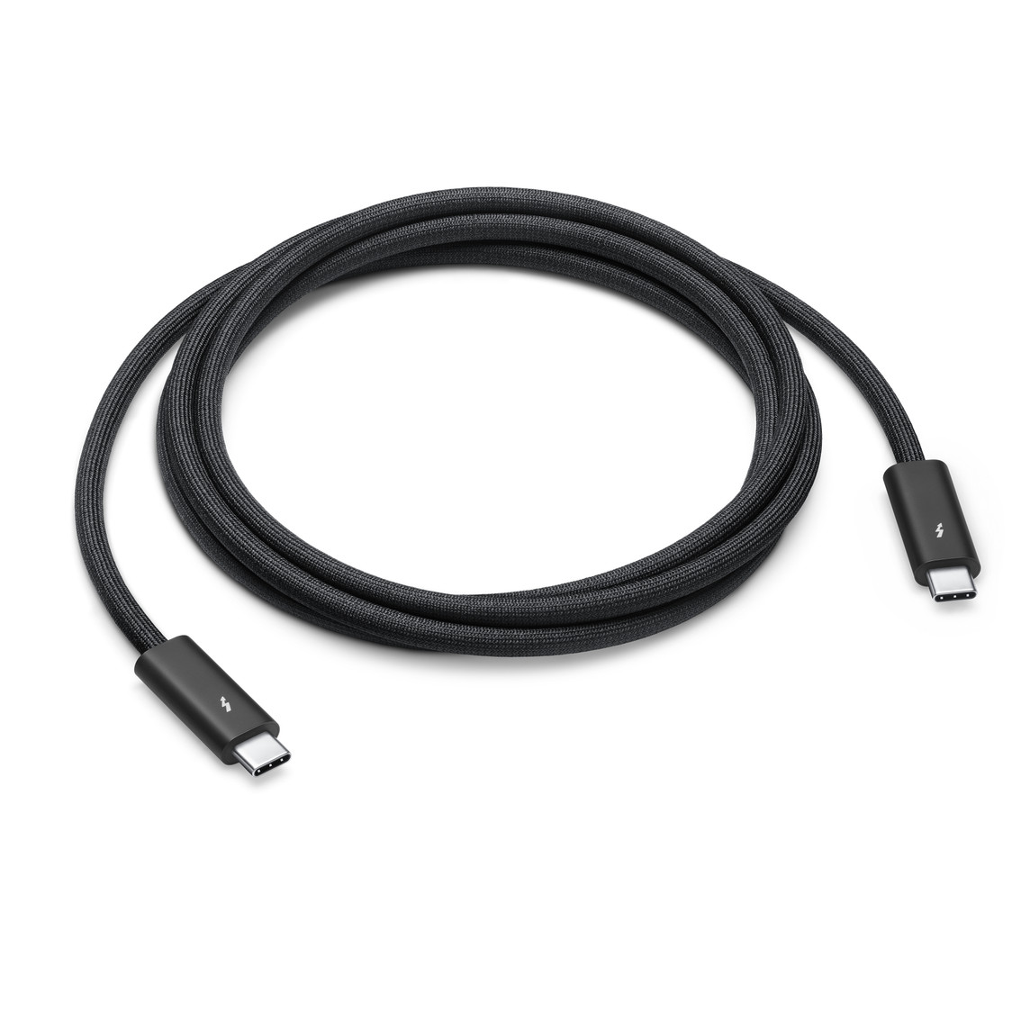 Coiled black Apple Thunderbolt 4 Pro cable with two USB-C connectors