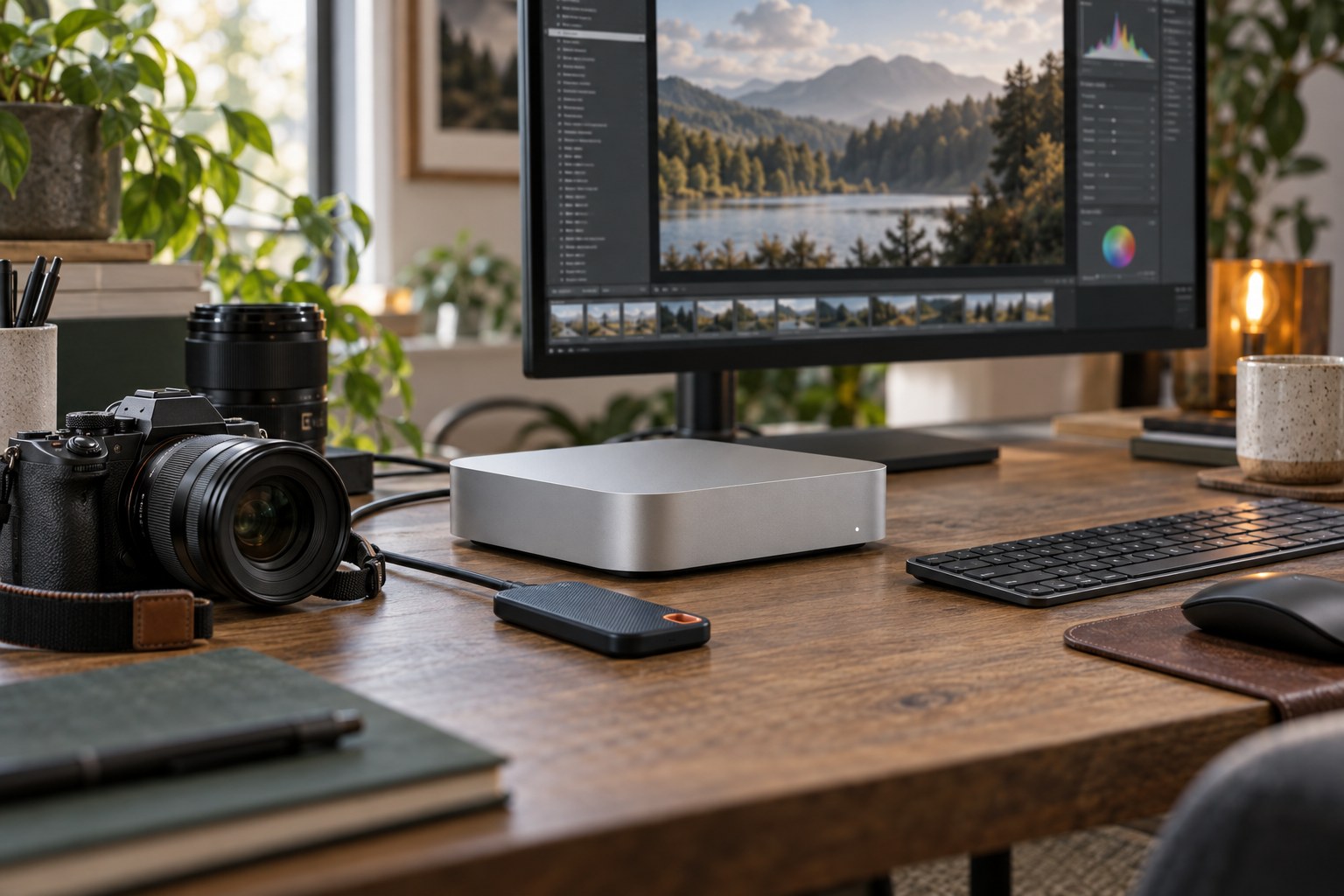 Illustrative Mac mini photo-editing desk with computer, camera and external SSD