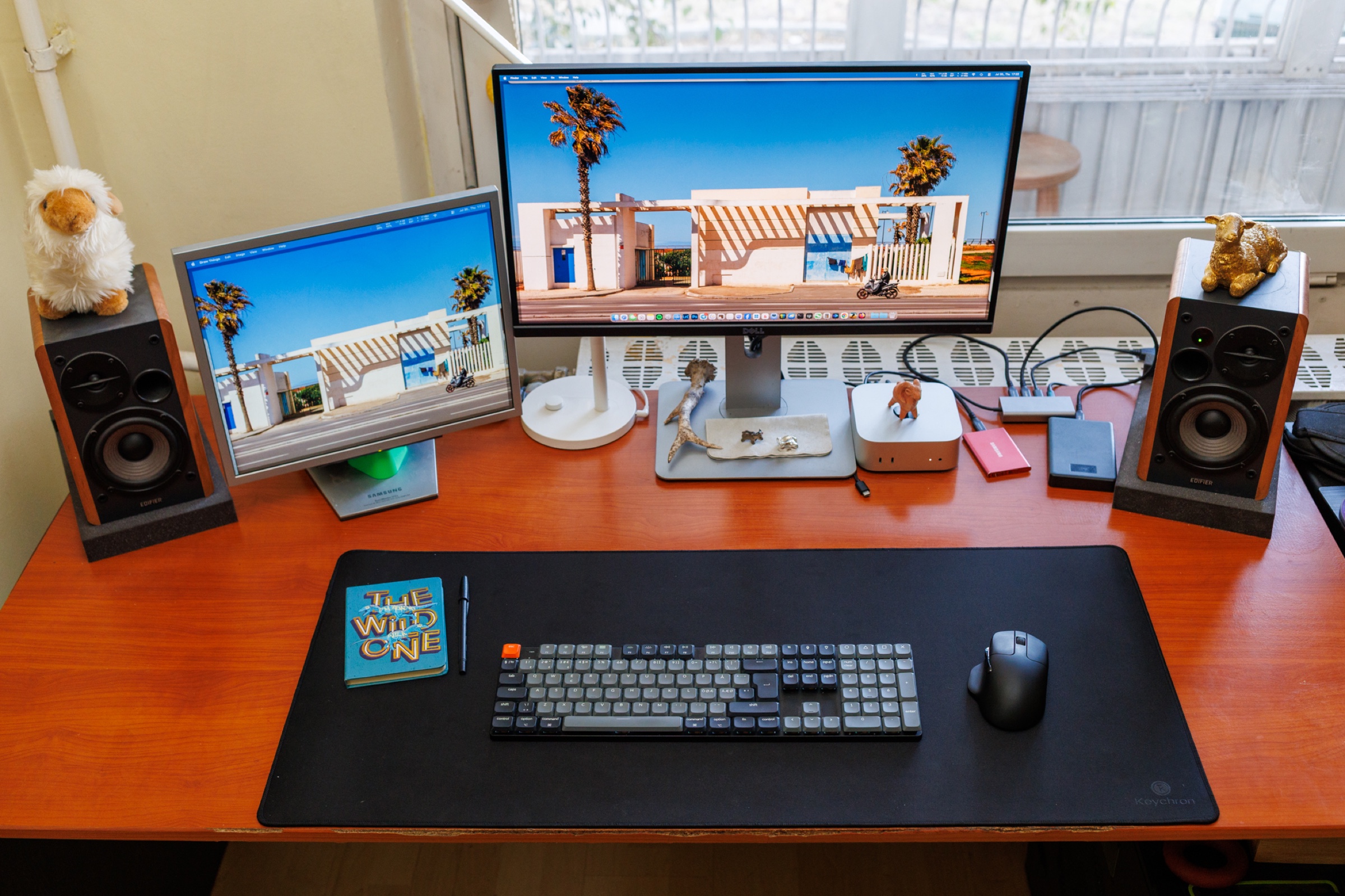 WannabeShepherd desk with Mac mini, displays, keyboard and mouse