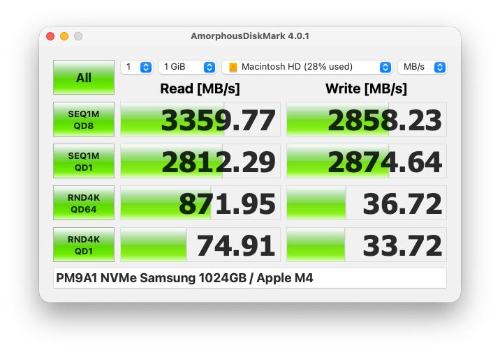 AmorphousDiskMark results for the PM9A1 on Apple M4