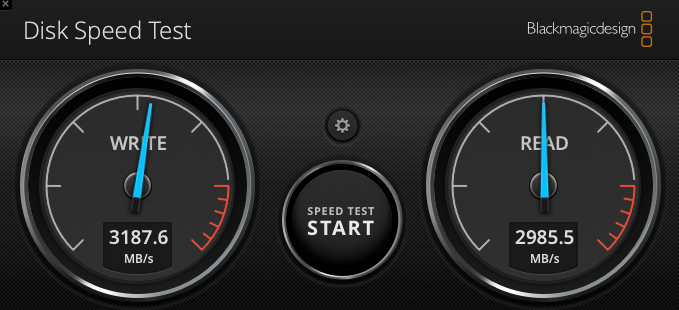 Blackmagic Disk Speed Test showing 2985.5MB/s read and 3187.6MB/s write