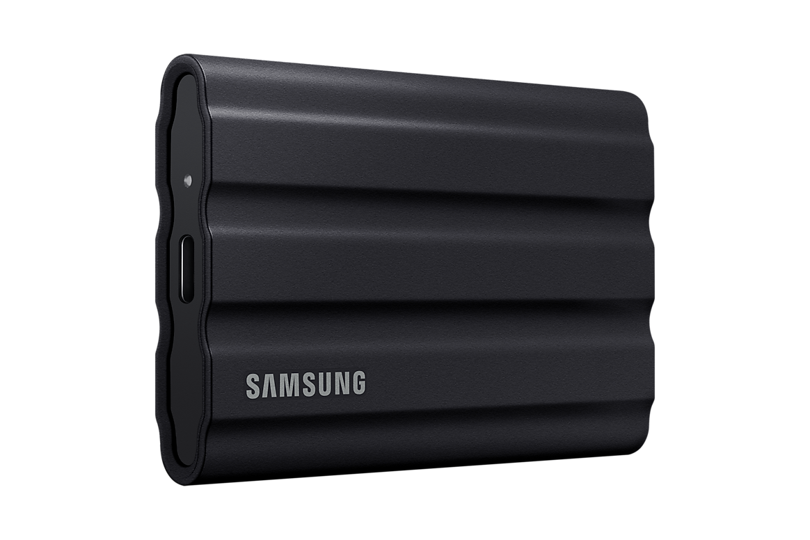 Black Samsung T7 Shield portable SSD and USB-C port